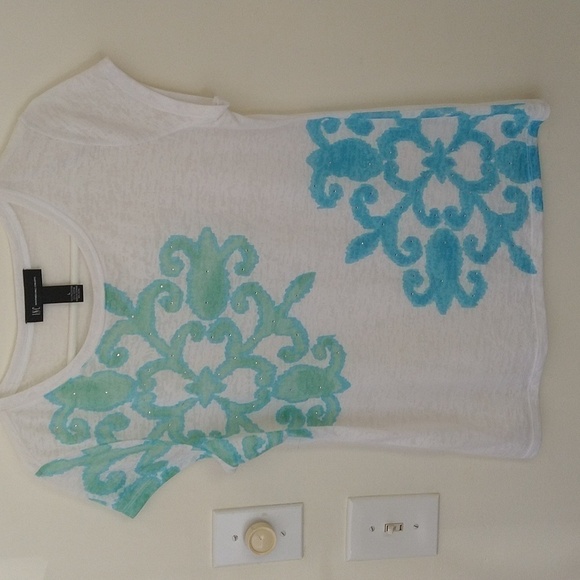 Inc Green aqua blue graphic tee large boho lightweight beachy coastal - Picture 1 of 6